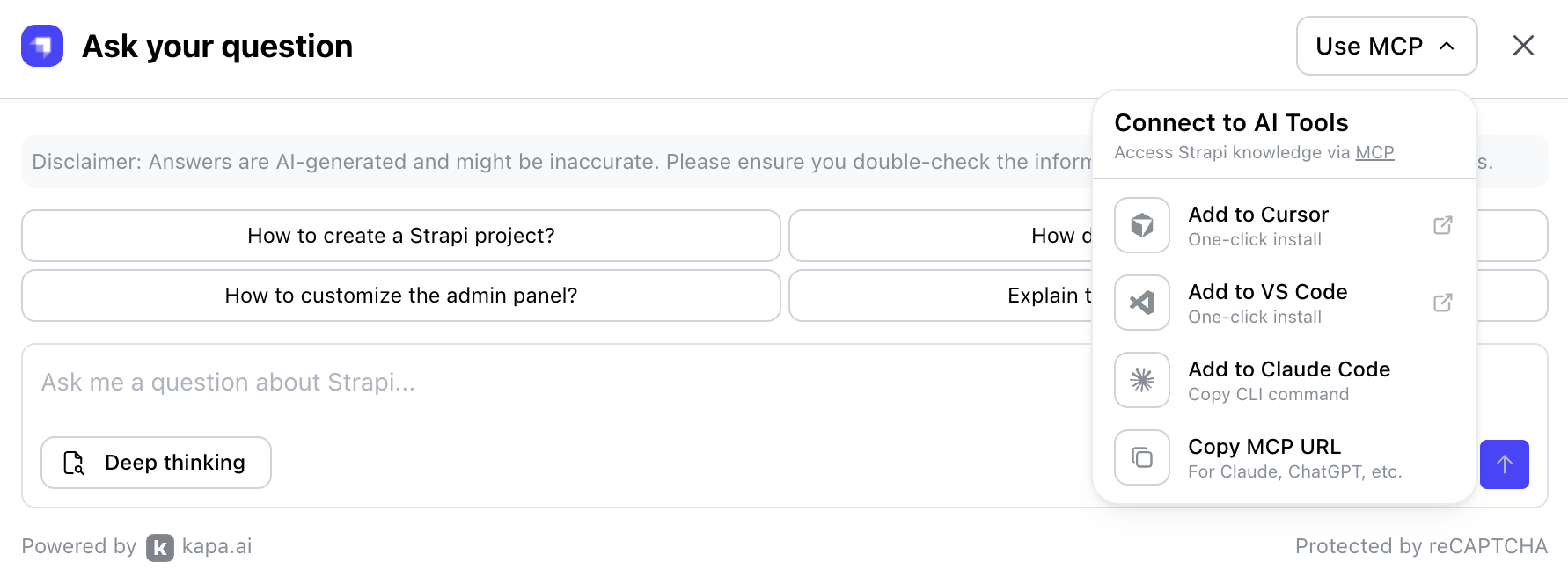 Ask AI modal with Use MCP options higlighted